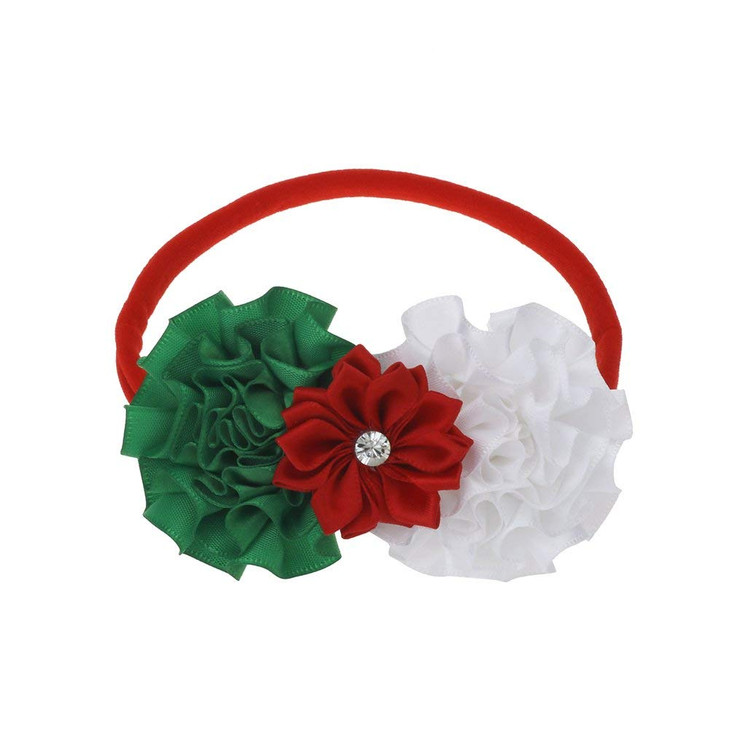 Miuion Baby Girl Nylon Christmas Headbands / Green Red White Sequin Bowknot - Pack of 3(Satin Flower Set)