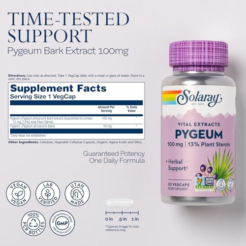 SOLARAY Pygeum Bark Extract, One Daily Pygeum 100mg, Pygeum Extract for Healthy