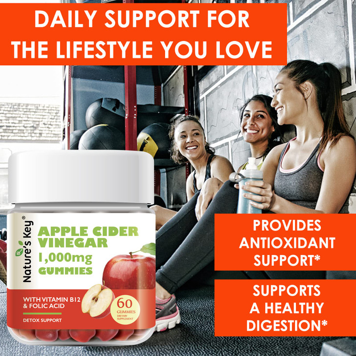 Nature's Key Apple Cider Vinegar Gummies -1000mg 60 Count, for Weight Loss