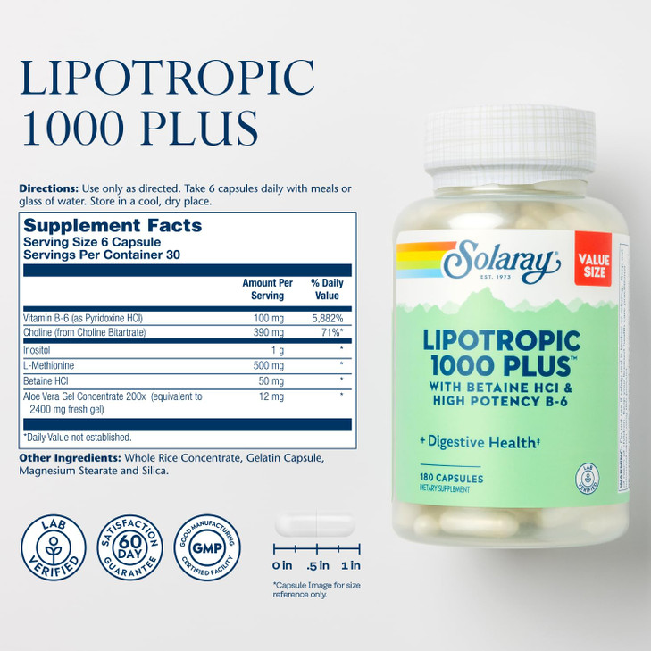 SOLARAY Lipotropic 1000 Plus with Betaine HCl & High Potency B-6, Healthy