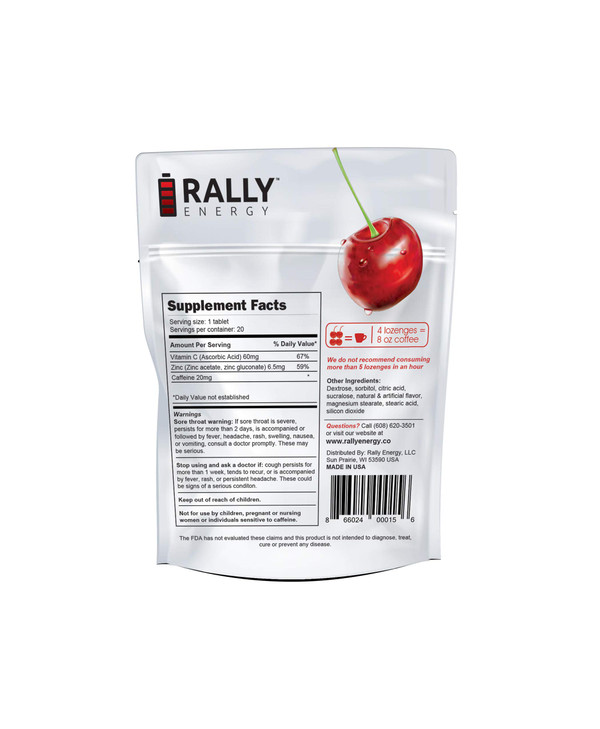Cherry Flavor Cough Drops by Rally Energy, Cough Relief with Caffeinated Zinc