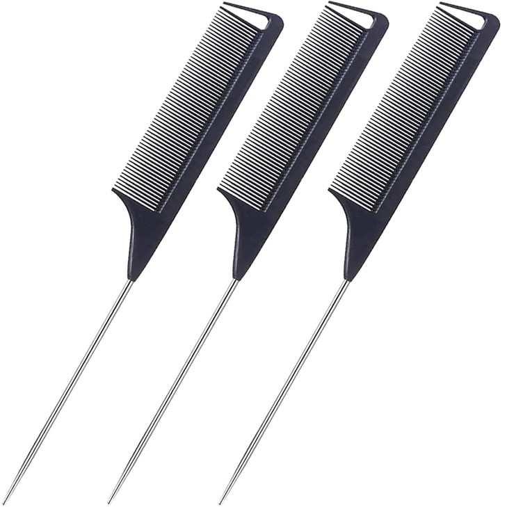 Luxxii (3 Pack) 9.5" Rat Tail Comb Steel Pin Rat Tail Heat Resistant Teasing Combs with Stainless Steel Pintail