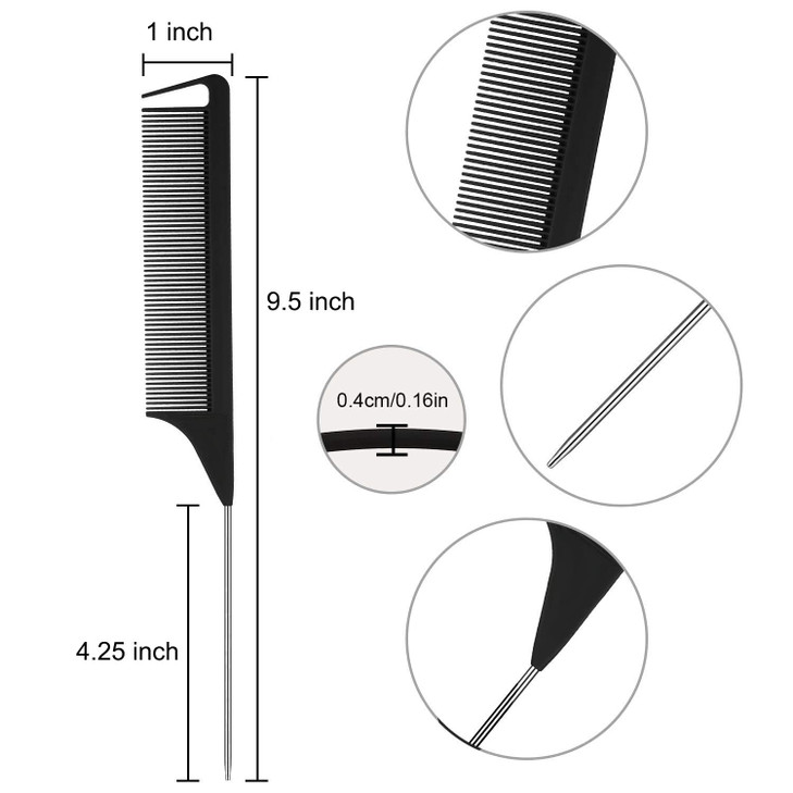 Luxxii (3 Pack) 9.5" Rat Tail Comb Steel Pin Rat Tail Heat Resistant Teasing Combs with Stainless Steel Pintail