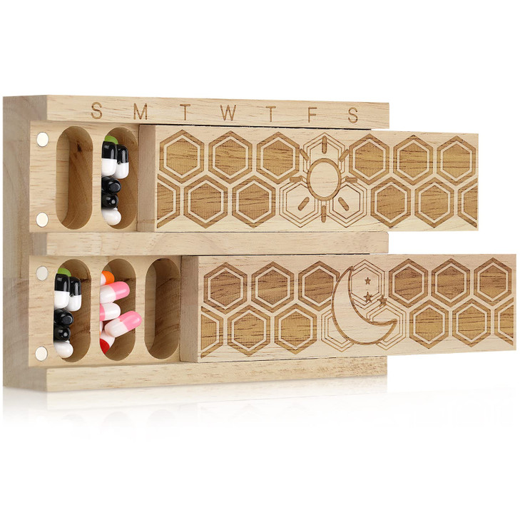 Chengu Wood 7 Day Weekly Pill Organizer Vitamin Dispenser Wooden Pill Case