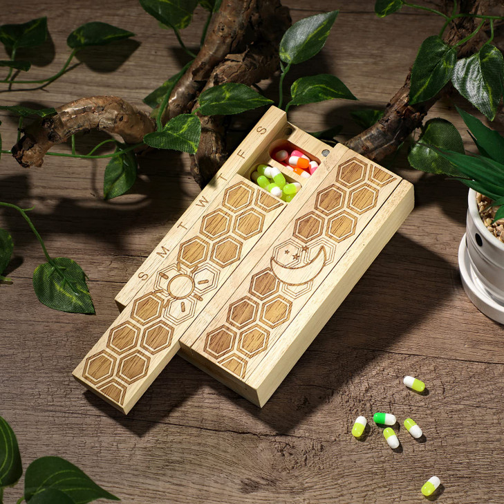 Chengu Wood 7 Day Weekly Pill Organizer Vitamin Dispenser Wooden Pill Case