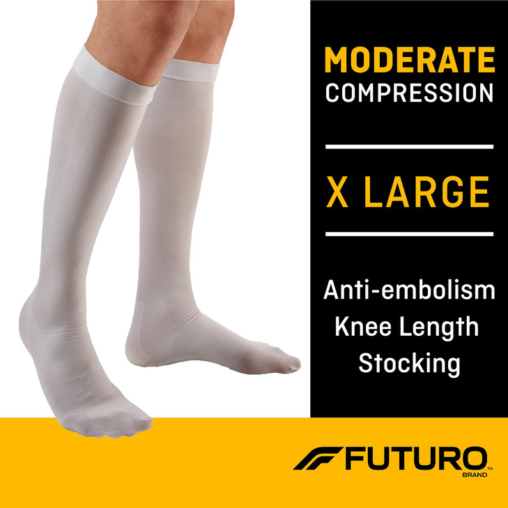 FUTURO Anti-Embolism Knee Length Stockings, Extra Large Regular, White. Moderate