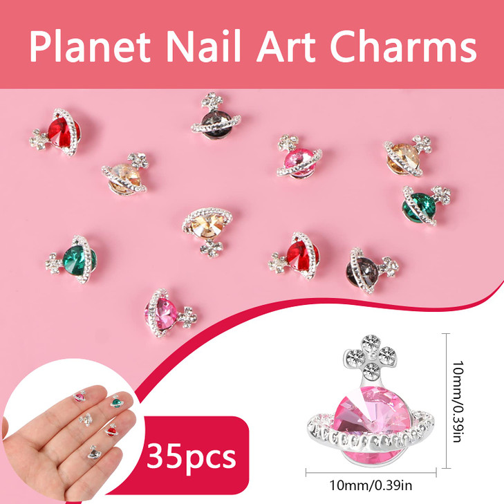 UHOMENY 35PCS Planet Nail Art Charms, 3D Nail Charms with Saturn Shape Planet Rhinestone Nail Charms DIY Nail Art Decorations Supplies Luxury Jewelry