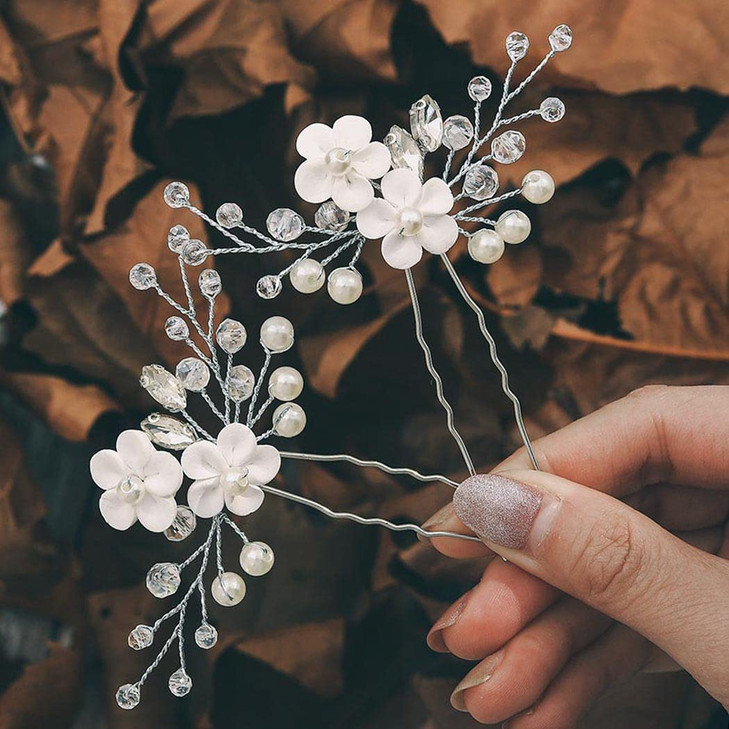 Heread Flower Bride Wedding Hair Pins Rhinestones Bridal Head Piece Pearl Hair Accessories for Women and Girls (Pack of 2)