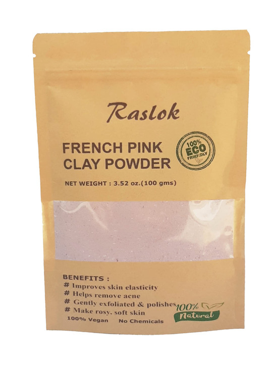 Raslok French Pink Clay 100g | 3.52 oz. | Montmorrillonite Pink Clay (French Rose Clay) | Mild Hydrating Clay suitable for Sensitive,Matured & Acne-P