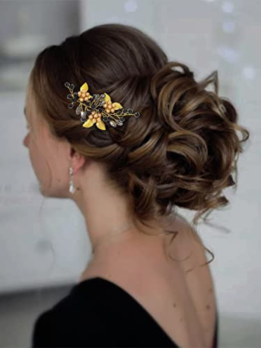 Casdre Black Pearl Hair Piece Gold Leaf Bridal Headpiece Crystal Evening Party Hair Accessories for Women and Girls