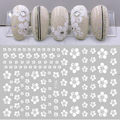 White Flowers Nail Art Stickers Decals, 3D Self-Adhesive Spring Cherry Blossoms Floral Nail Stickers for Women Girls Acrylic Nail Decoration 4 Sheets