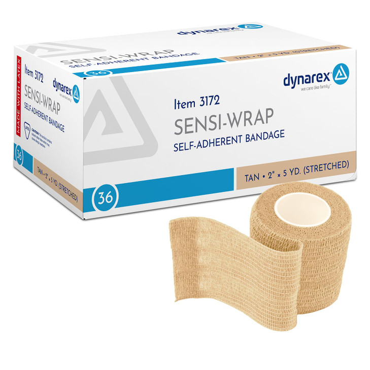 Dynarex Sensi-Wrap Self-Adhesive Bandages, 36-Pack, 2" x 5 Yards, Tan, Latex