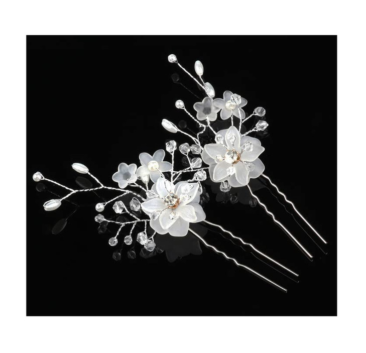 Suandsu 2 Pcs Pearl Crystal Hair Pins Flower Bride Wedding Hair Clips Rhinestone Hair Piece Accessories for Women Girls Bride and Bridesmaid