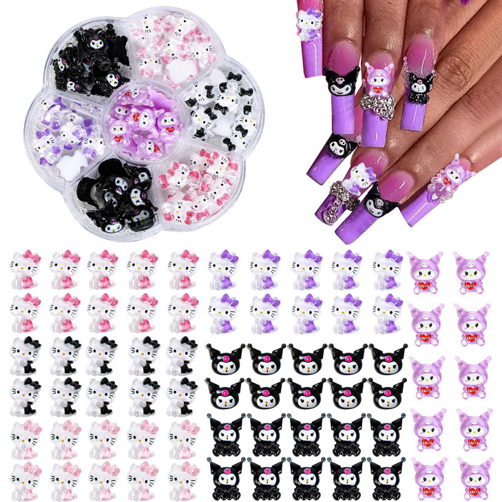 CLTJMM 70 PCS Kawaii Cute Cartoon Kitty Nail Charms | 3D Flatback Resin Rhinestones for DIY Nail Art & Slime Decorations | Perfect for Women & Girls