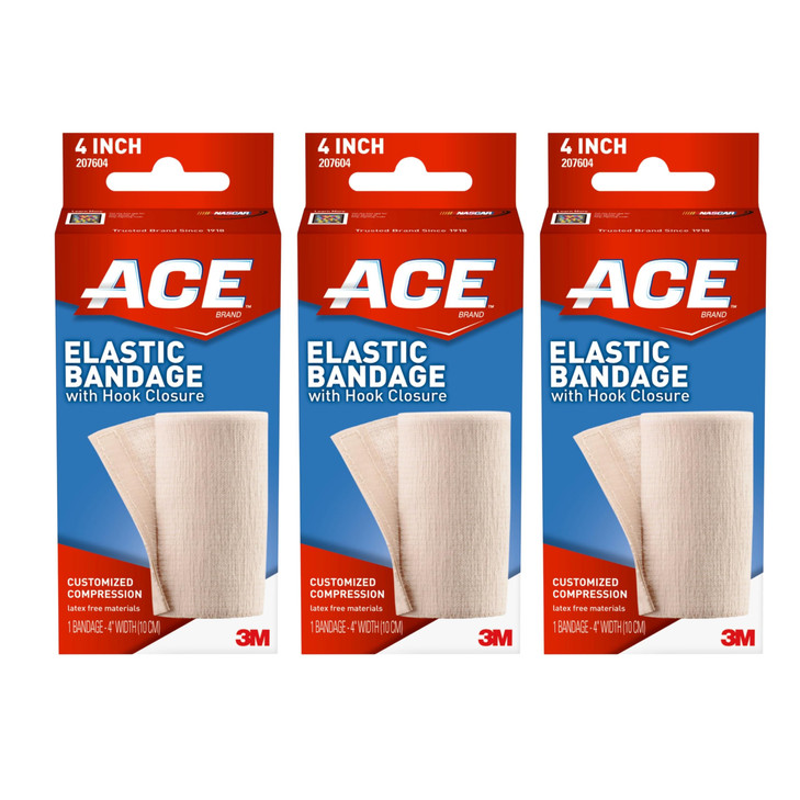 ACE Elastic Bandage with Hook Closure, 4 Inches Wide, Pack of 3