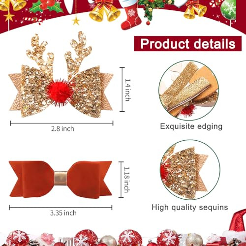 2PCS Christmas Hair Bow Clips for Girls Glitter Antler Hair Clips Non Slip Alligator Clips Xmas Christmas Hair Accessories for Girls, Red & Gold