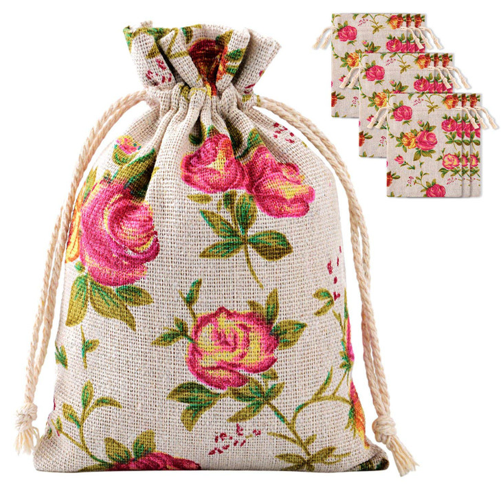 Pangda 30 Pieces Small Size Rose Drawstring Bags Burlap Flower Pouch Bag Linen