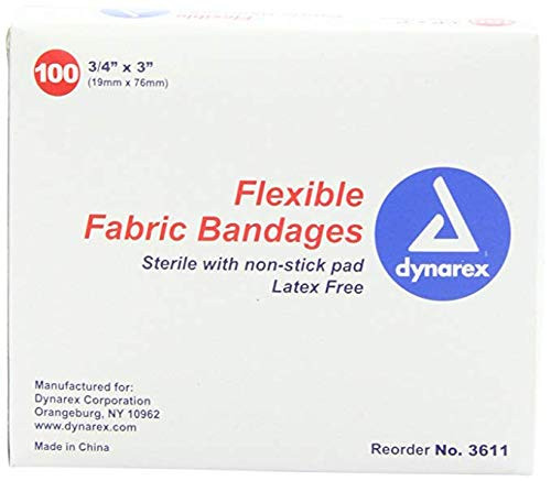 Dynarex Fabric Adhesive Bandages - Sterile & Flexible Fabric Bandages for Wounds - Non-Stick Pads - Individually-Wrapped First Aid Supplies - No Late