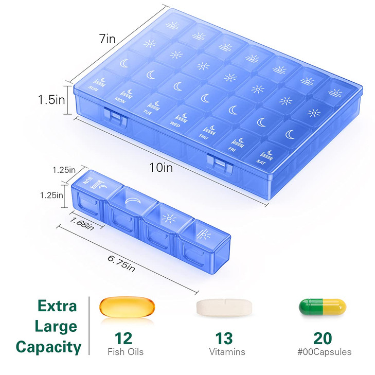 XL Pill Organizer 4 Times a Day, BUG HULL Extra Large Weekly Pill Box Case, 7