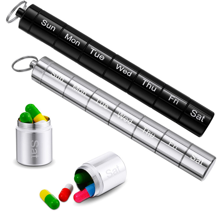 Vesici 2 Pack Metal Weekly Pill Organizer Travel Pill Container with Keychain 7