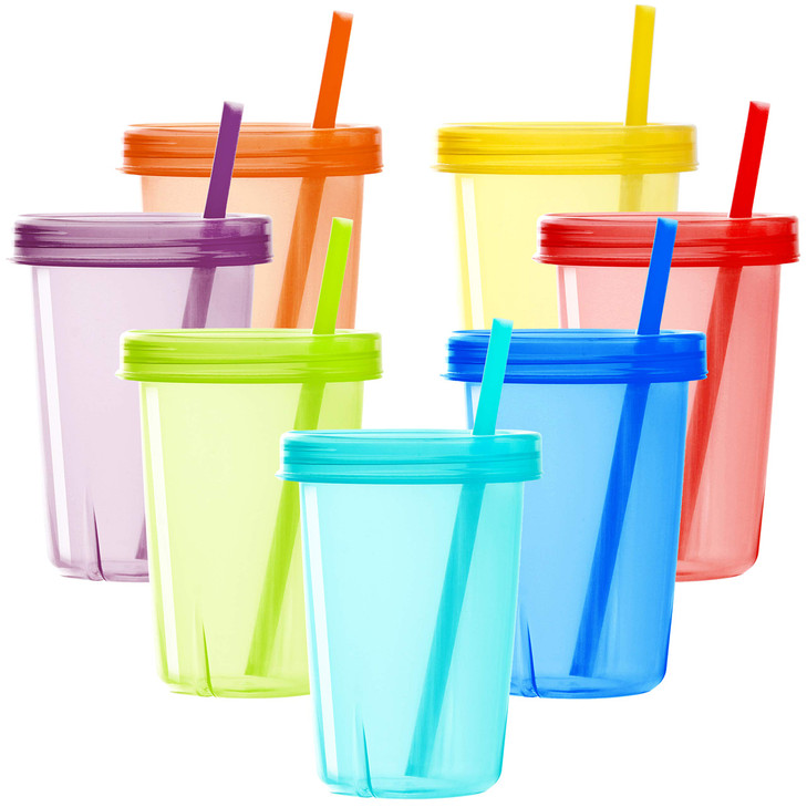 Youngever 7 Sets Plastic Kids Cups with Lids and Straws, 7 Reusable Toddler Cups