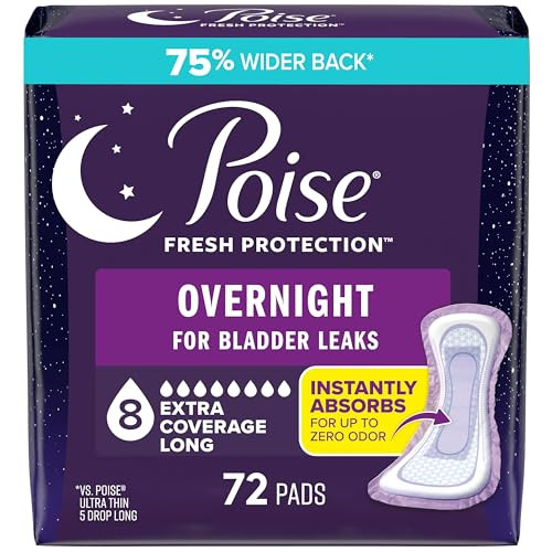 Poise Overnight Incontinence & Postpartum Pads for Bladder Leaks, 8 Drop Extra