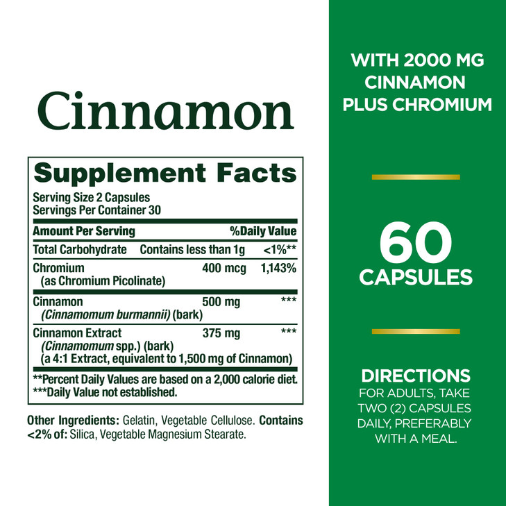 Nature's Bounty Cinnamon 2000mg Plus Chromium, Sugar Metabolism Support Supplement, 60 Capsules