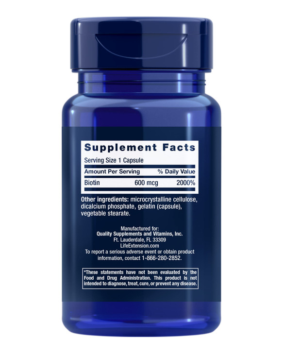 Life Extension Biotin 600 mcg Vitamin B7 Support Supplement for Beautiful Hair, Nails & Beyond  Gluten-Free, Non-GMO - 100 Capsules