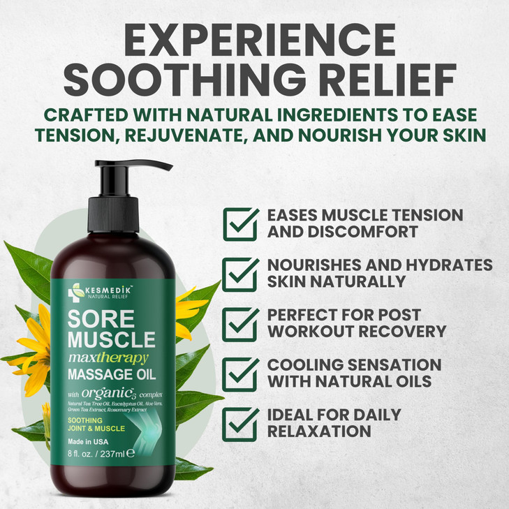 Sore Muscle Massage Oil for Massage Therapy with Arnica, Eucalyptus & Tea Tree
