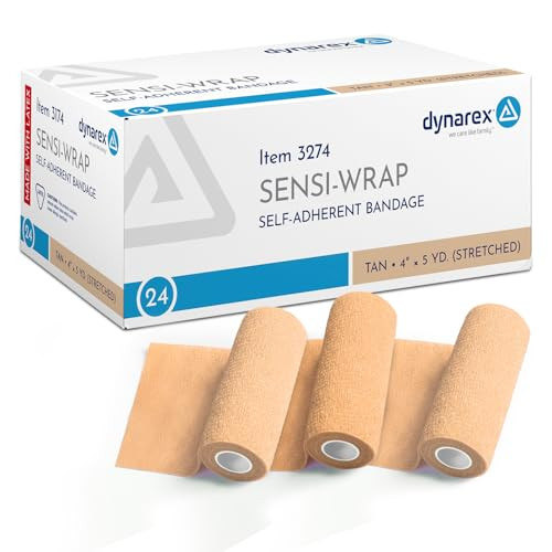 Dynarex Sensi-Wrap Self-Adhesive Bandages, 18-Pack, 4" x 5 Yards, Tan, Latex