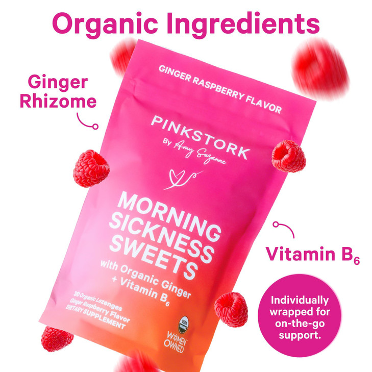 Pink Stork Morning Sickness Sweets, Organic Raspberry Ginger Candy with Vitamin