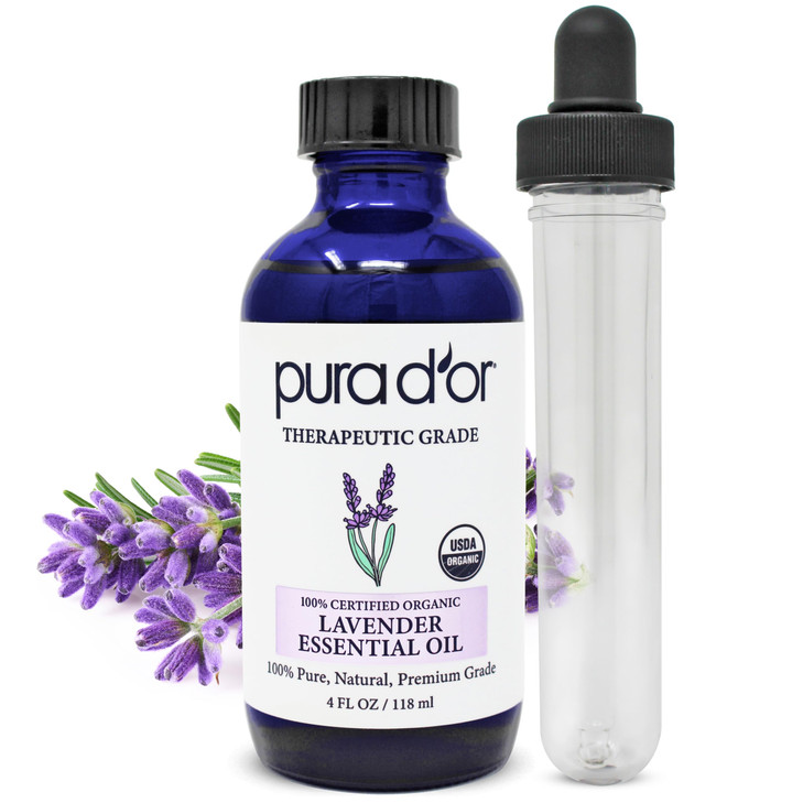 PURA D'OR Organic Lavender Essential Oil (4oz with Glass Dropper) 100% Pure &