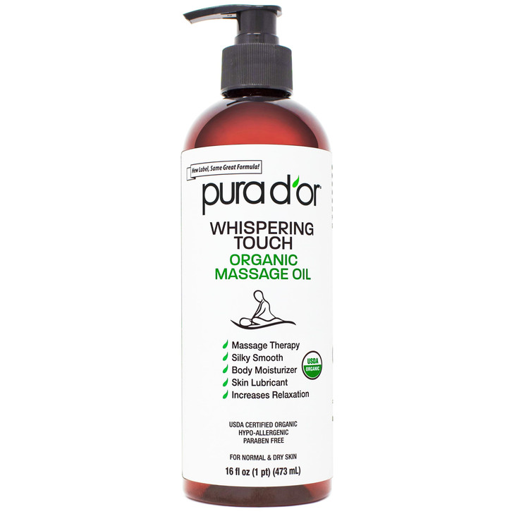 PURA D'OR 16 Oz Organic Massage Therapy Oil USDA Certified Body Moisturizer &