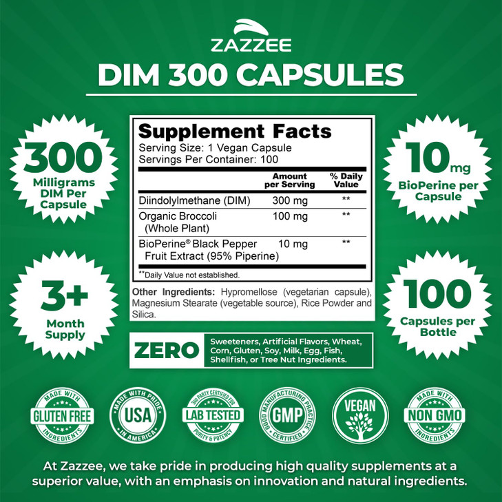 Zazzee DIM 300 mg Per Capsule, 100 Count, Plus 10 mg BioPerine, Estrogen