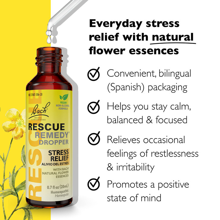 RESCUE Bach Remedy Dropper 20mL, Natural Stress Relief, Homeopathic Flower