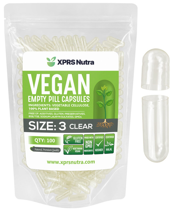 XPRS Nutra Size 3 Empty Capsules - 100 Count Clear Empty Vegan Capsules