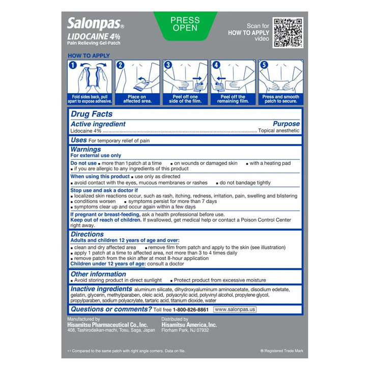Salonpas LIDOCAINE Pain Relieving Maximum Strength Gel 15Patch