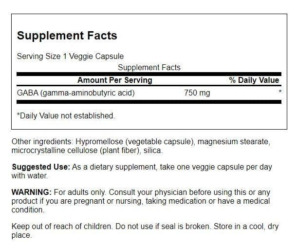 Swanson Amino Acid Maximum Strength GABA 750 Milligrams 60 Veg Capsules