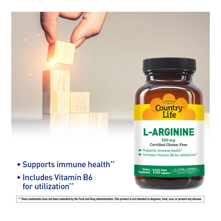 Country Life L-Arginine Caps with Vitamin B-6, 500mg, 100 Vegan Capsules