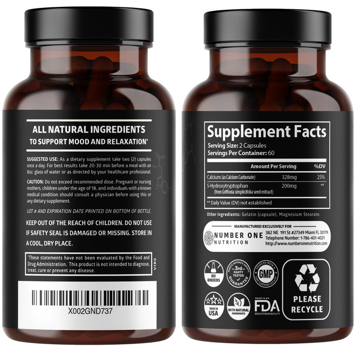 N1N Premium 5-HTP 200mg Plus Calcium, Made from Griffonia Seed Extract, Non GMO