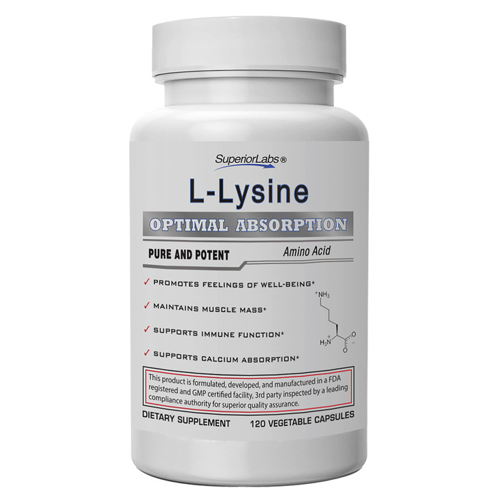 Superior Labs L-Lysine 500 mg Capsules, Pure Non-GMO, Third-Party Tested, No