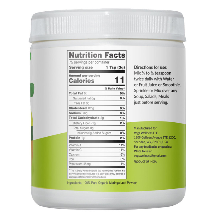 Vegs Moringa Powder, The Real Green Freeze Dried Moringa Leaves Organic, Rich