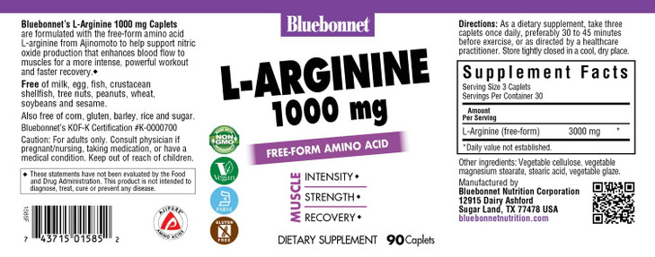 Bluebonnet L-Arginine 1000 mg Capsules, 90 Count