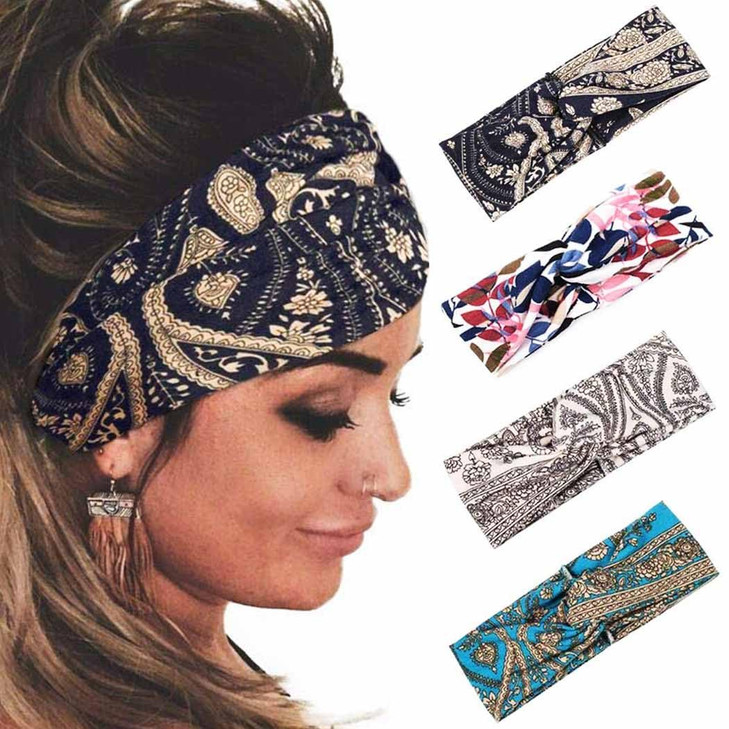 Yean Boho Wide Headbands Black Stretch Hair Bands Elastic Turbans Stylish Head Wraps for Women (Pack of 4) (vintage)