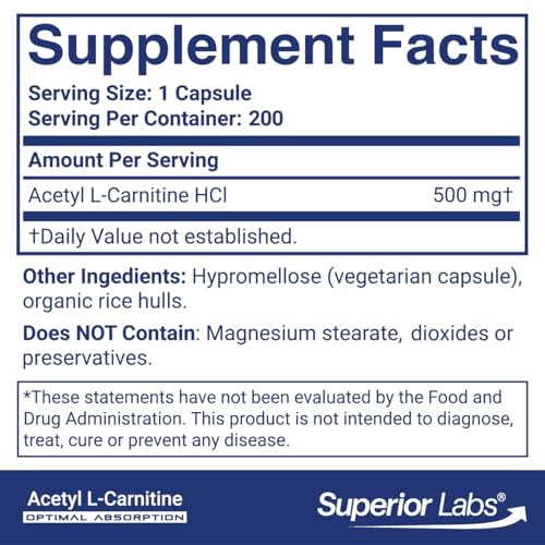 Superior Labs Acetyl L-Carnitine 500 mg, High Potency ALCAR, Pure Non-GMO, Zero