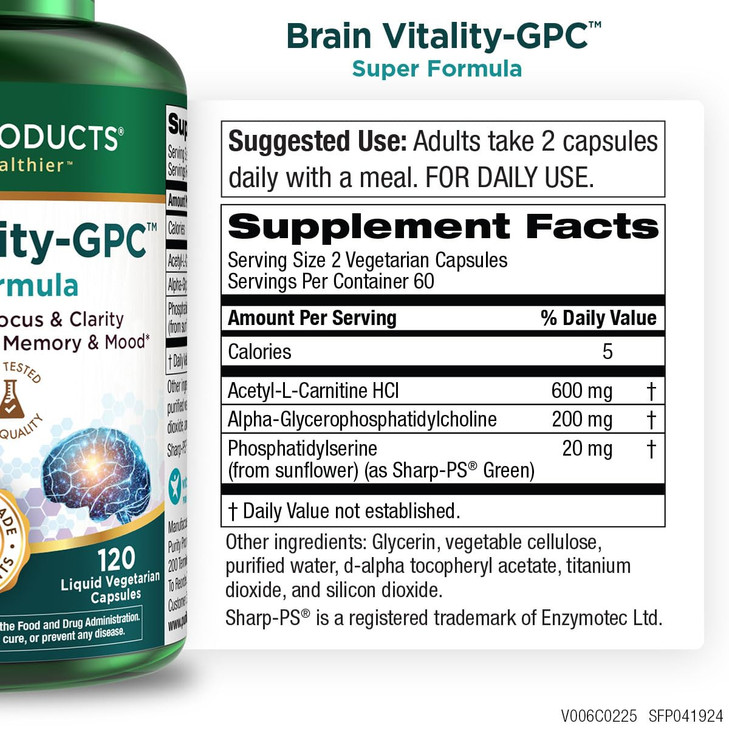 Purity Products Brain Vitality-GPC Super Formula Acetyl L-Carnitine HCI + Alpha