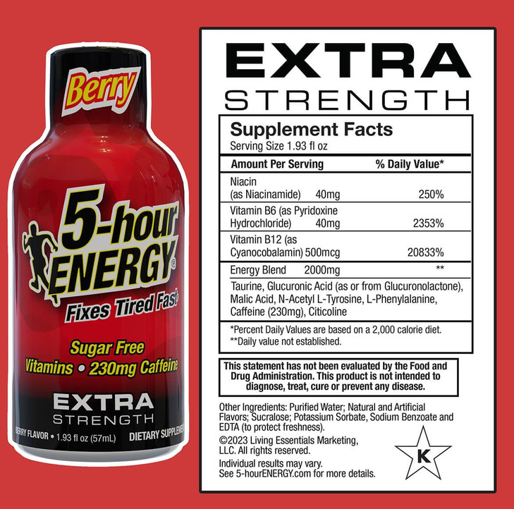 5-hour ENERGY Shots Extra Strength, Berry Flavor, 30 Count, 1.93 Fl Oz, Sugar