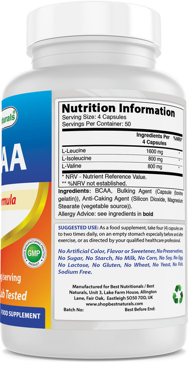 Best Naturals BCAA Branch Chain Amino Acid, 3200mg per Serving, 200 Capsules