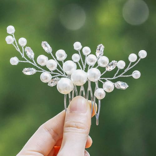 Yean Pearl Bride Wedding Hair Comb Silver Crystal Bridal Hair Accessories Rhinestone Hair Piece for Women and Girls