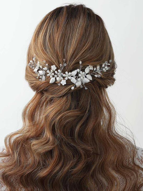 Gorais Pearl Bride Wedding Hair Vine Silver Leaf Bridal Headband Flower Hair Pieces Hair Accessories for Women and Girls